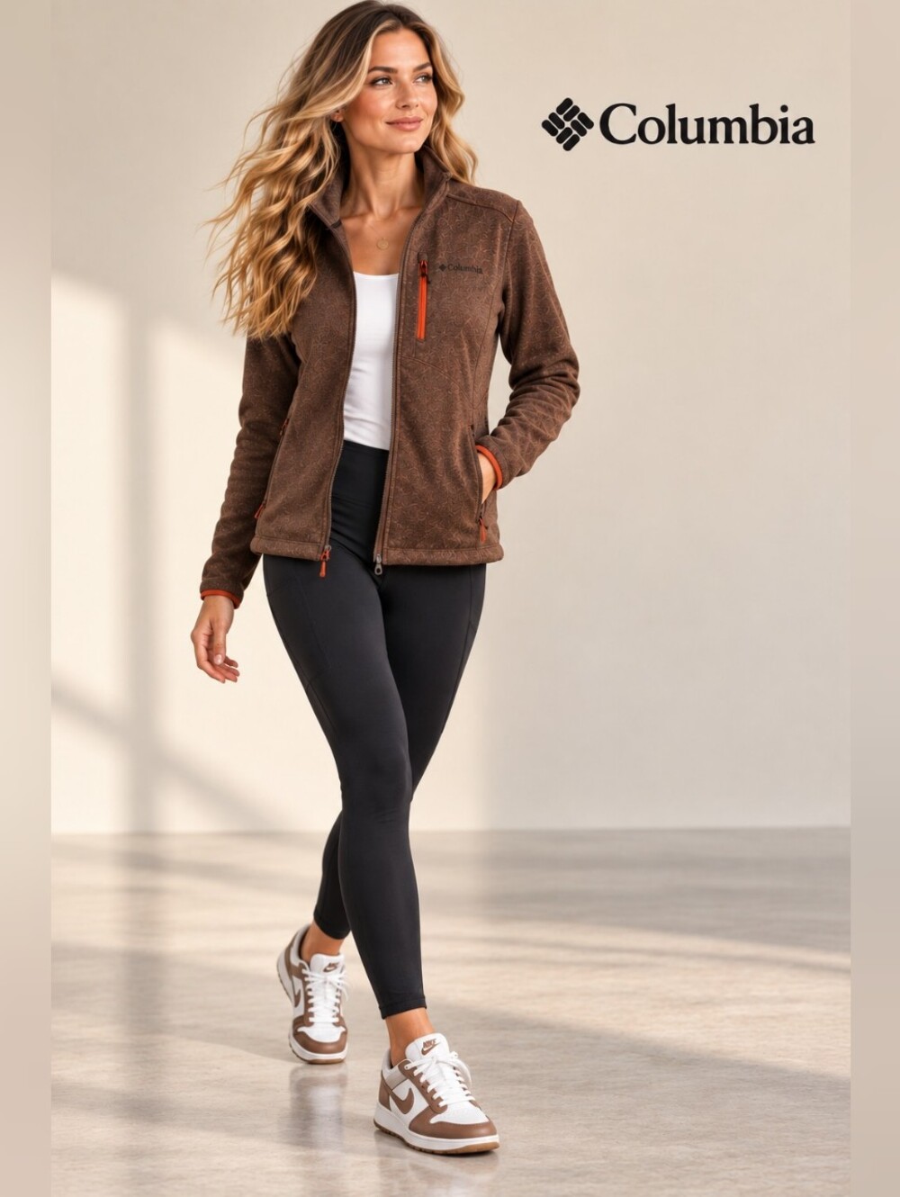 Columbia Brown Full Zip Fleece Jacket Orange Accent Women's Size Large